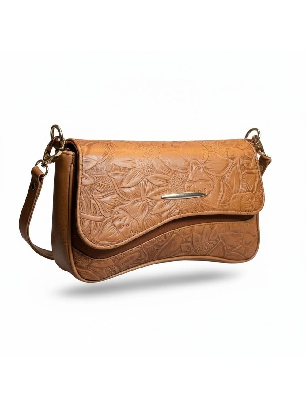 2 Straps Set Brown Embossed Tooled Artisan LEATHER Shoulder Bag Crossbody Purse